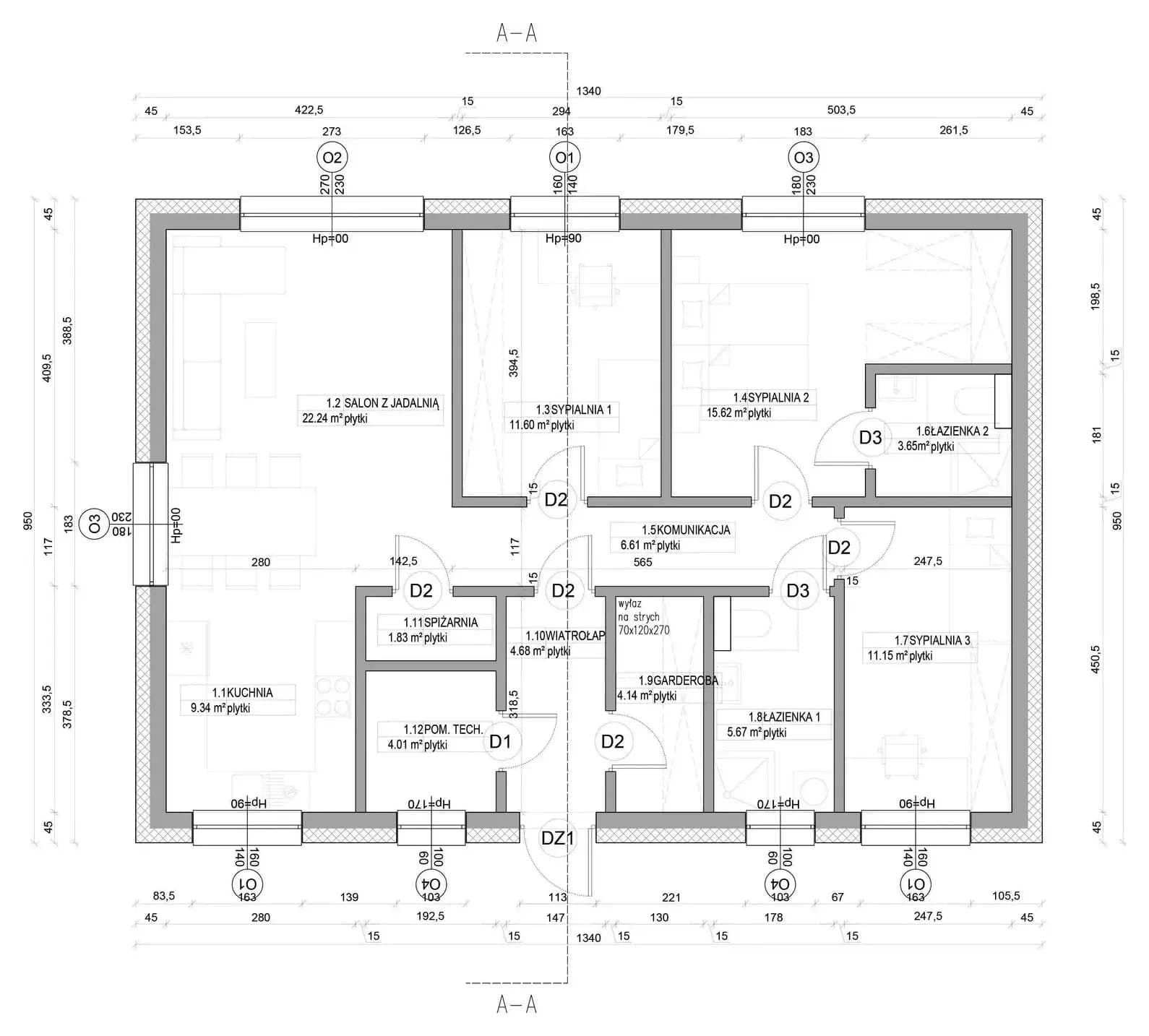 Rzut parteru — 100 m², układ Optymalny