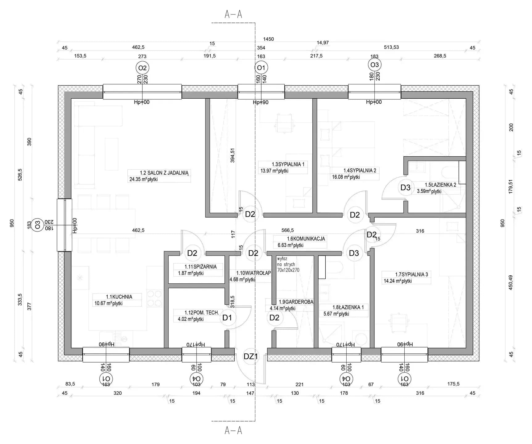 Rzut parteru — 110 m², układ Optymalny