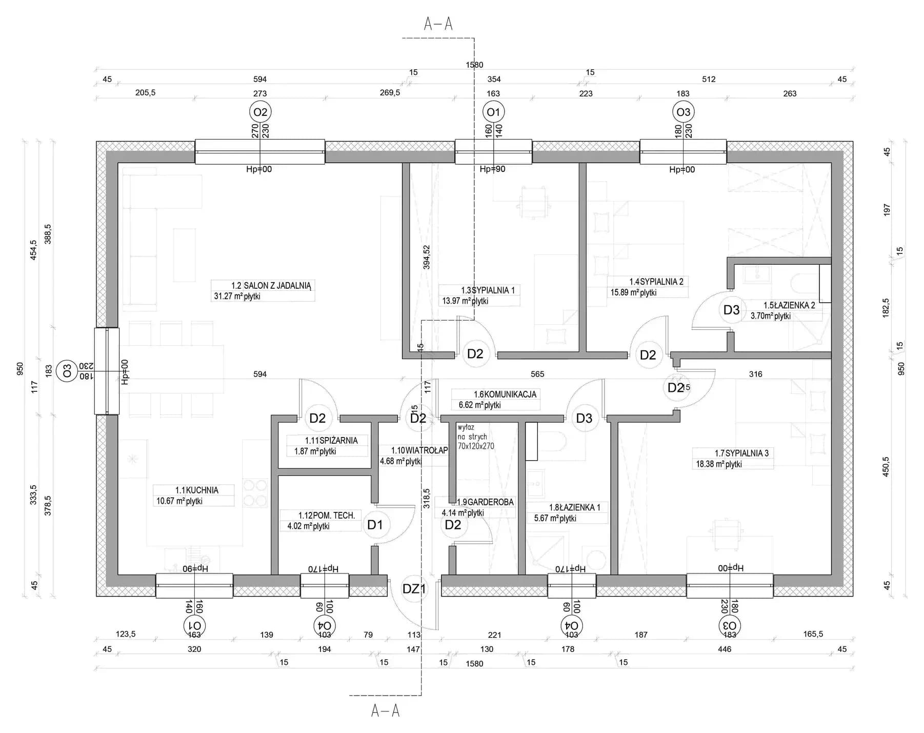 Rzut parteru — 120 m², układ Optymalny