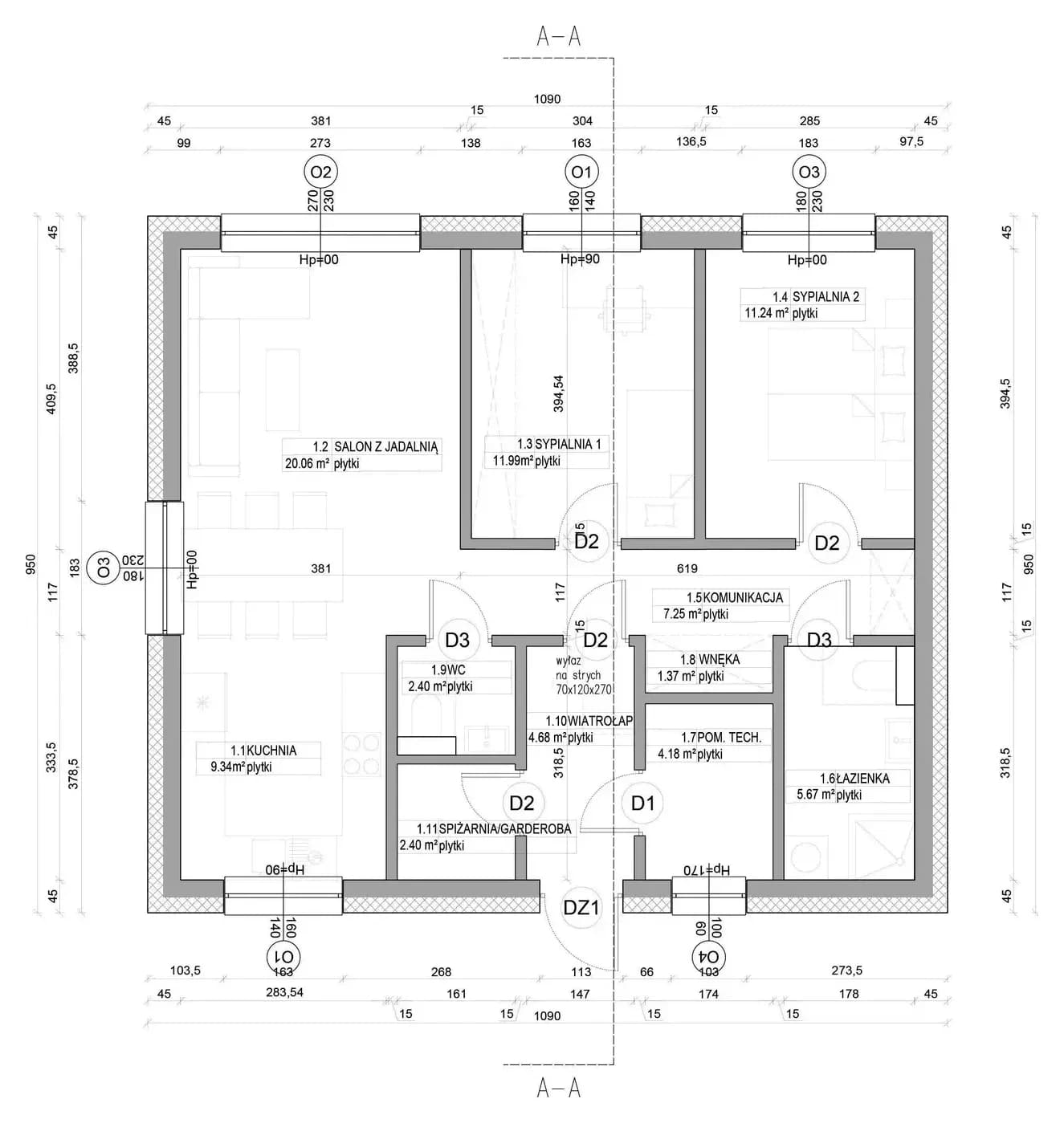 Rzut parteru — 80 m², układ Optymalny