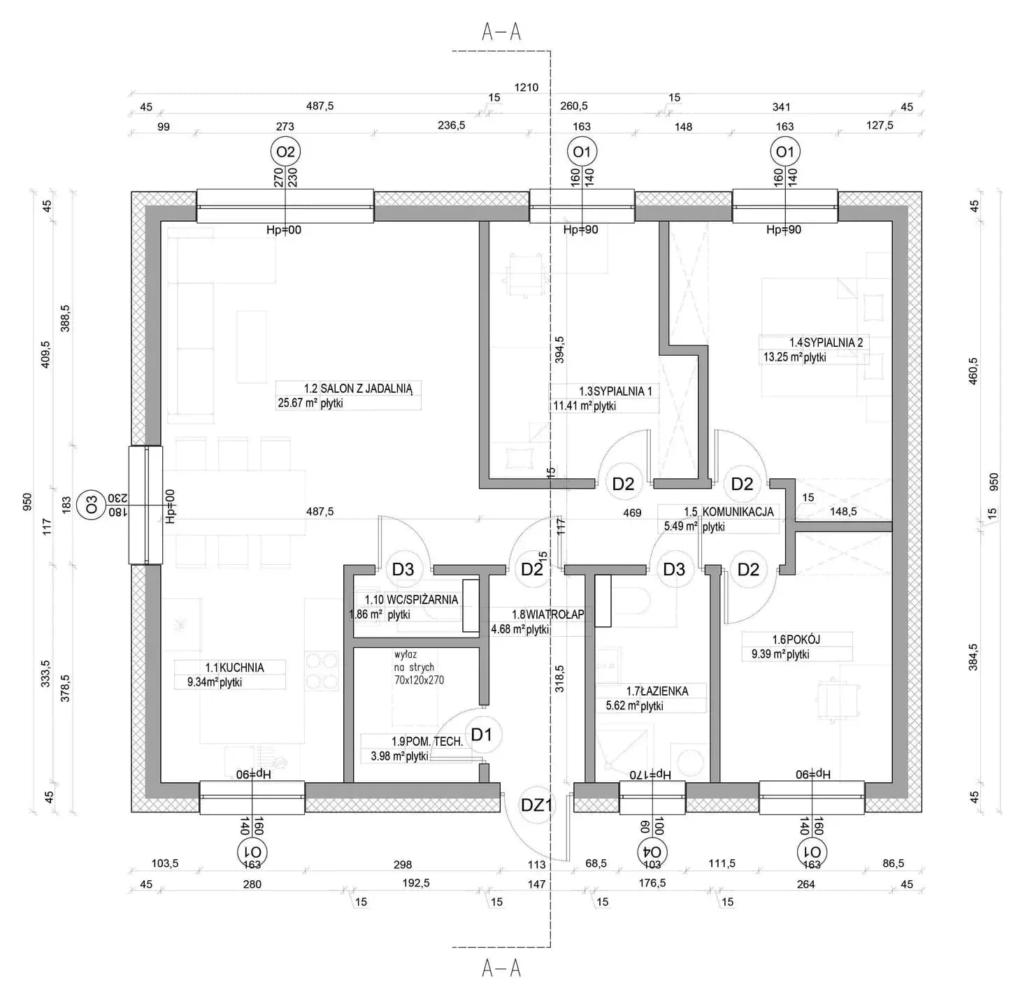 Rzut parteru — 90 m², układ Optymalny